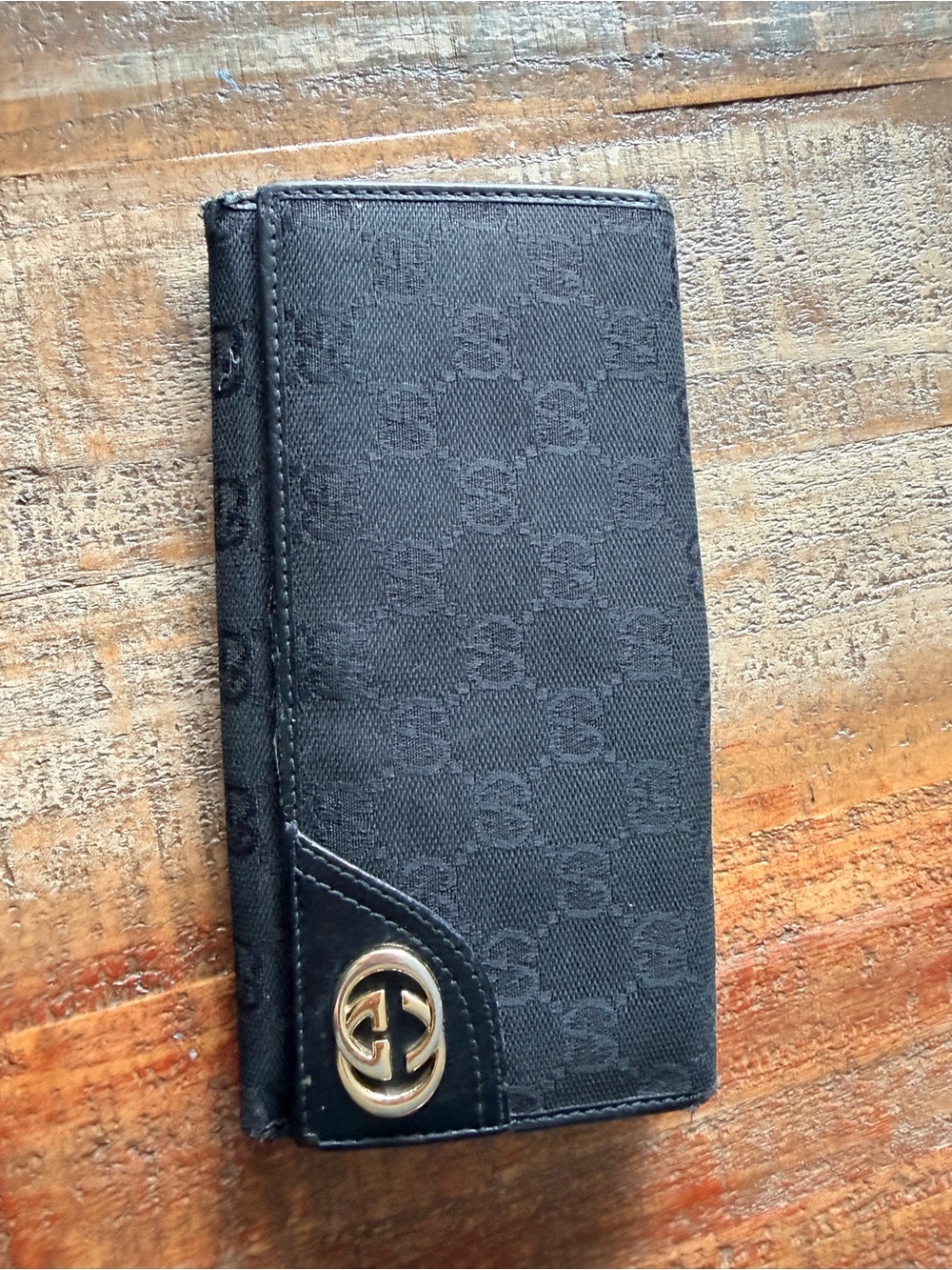 Gucci Black GG Monogram Long Wallet with Gold Emblem
